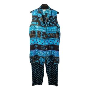 VTG Karibo Pants Set 2pc Womens XL Black Blue Geometric Abstract Peacock Boho